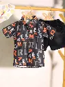 Boys Fun Letter Print Shirt With Black Denim Shorts