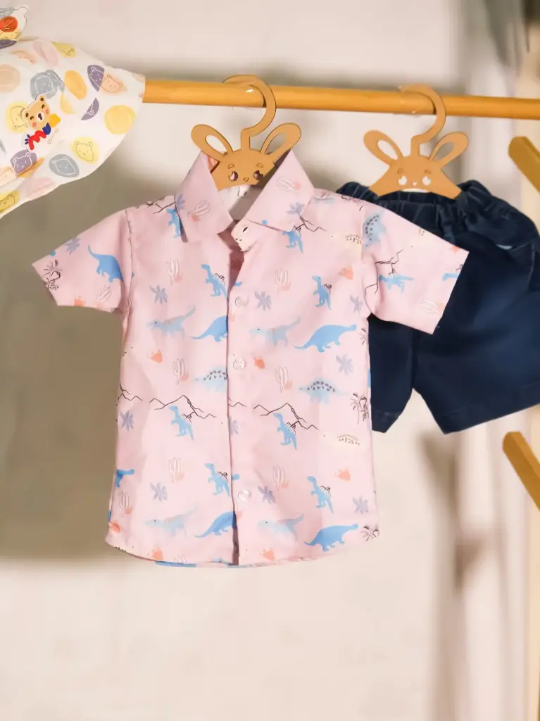 Boys Dinosaur Print Shirt With Blue Denim Shorts