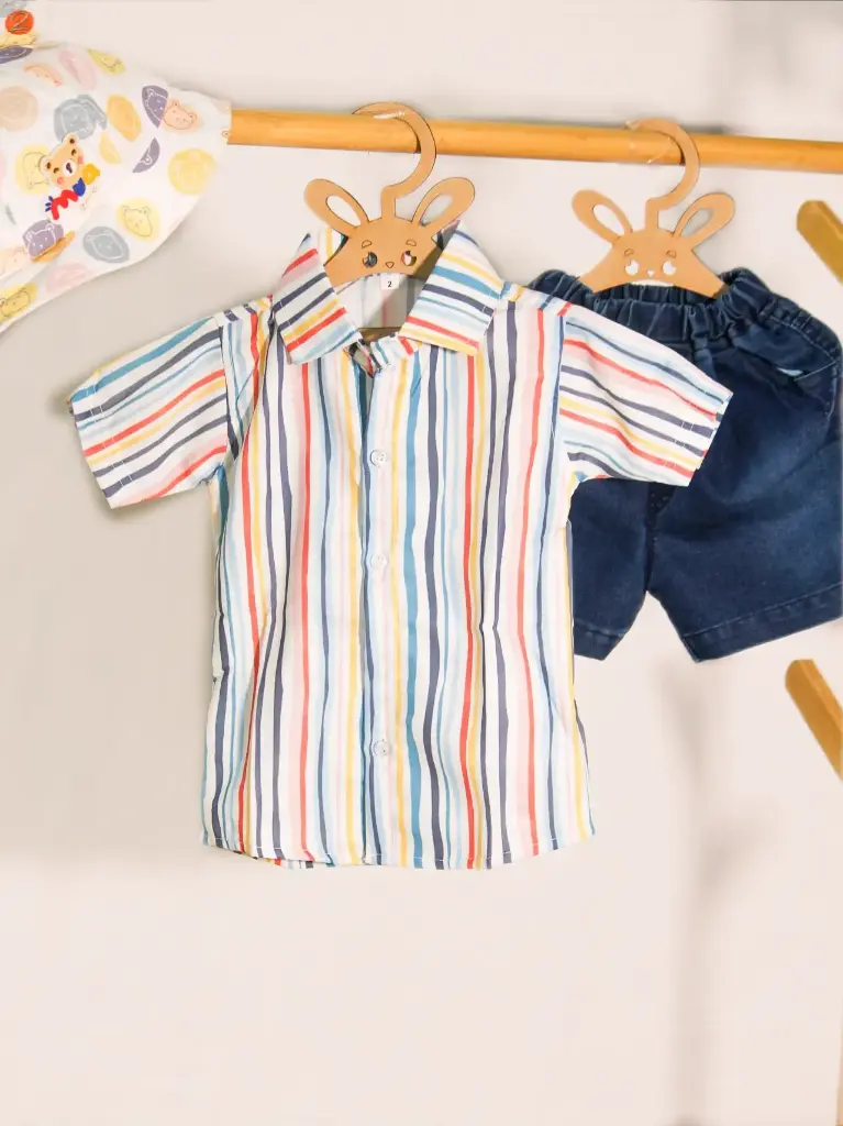 Boys Pastel Stripes Shirt With Blue Denim Shorts