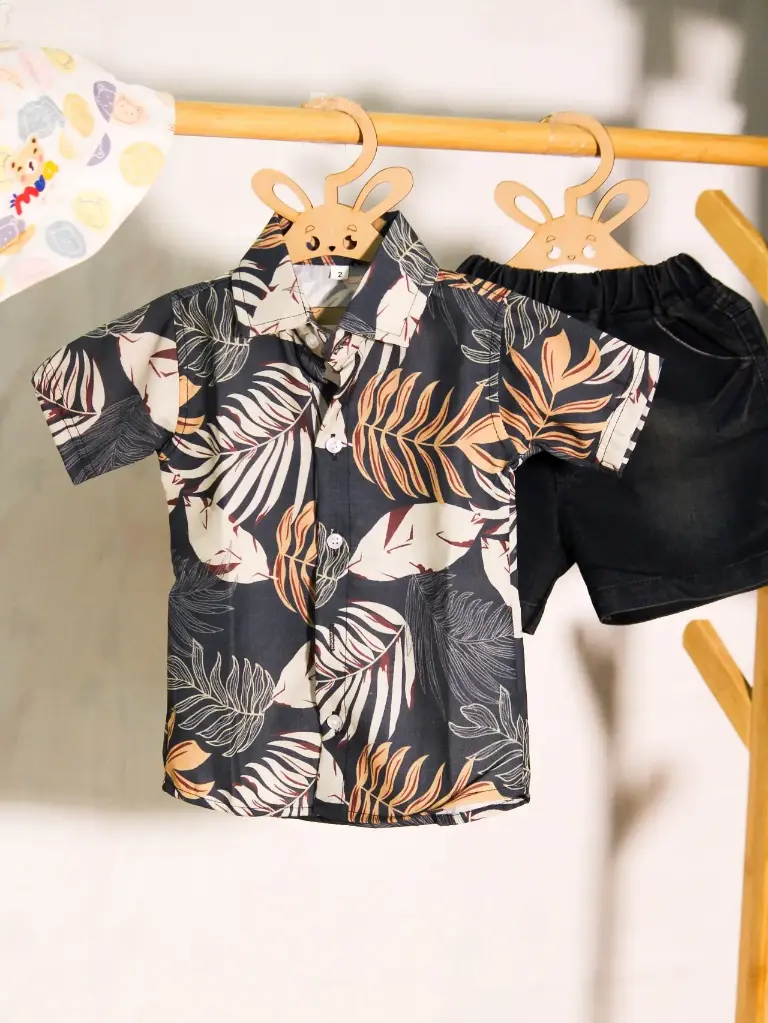 Boys Tropical Leaf Print Shirt With Black Denim Shorts (2Y-3Y)