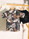 Boys Tropical Leaf Print Shirt With Black Denim Shorts