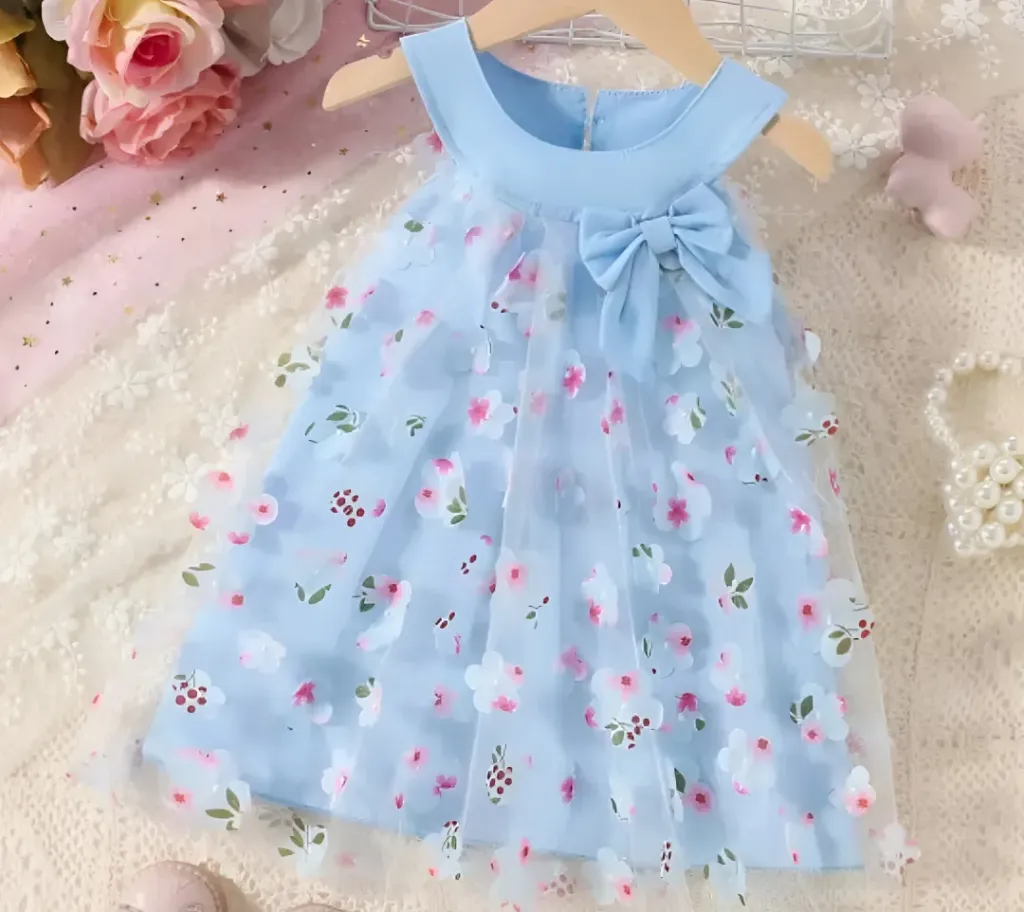 Girls Blue Floral Applique Sleeveless Party Dress