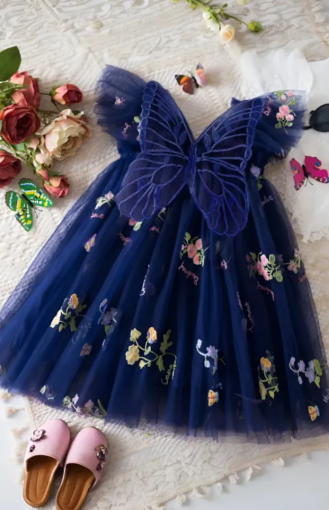 Girls Floral Embroidered A-Line Tulle Dress With Appliqued Butterfly (Blue)