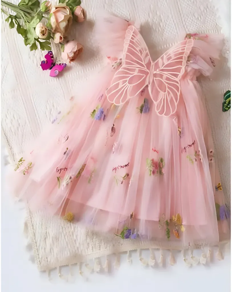 Girls Floral Embroidered A-Line Tulle Dress With Appliqued Butterfly (Pink)