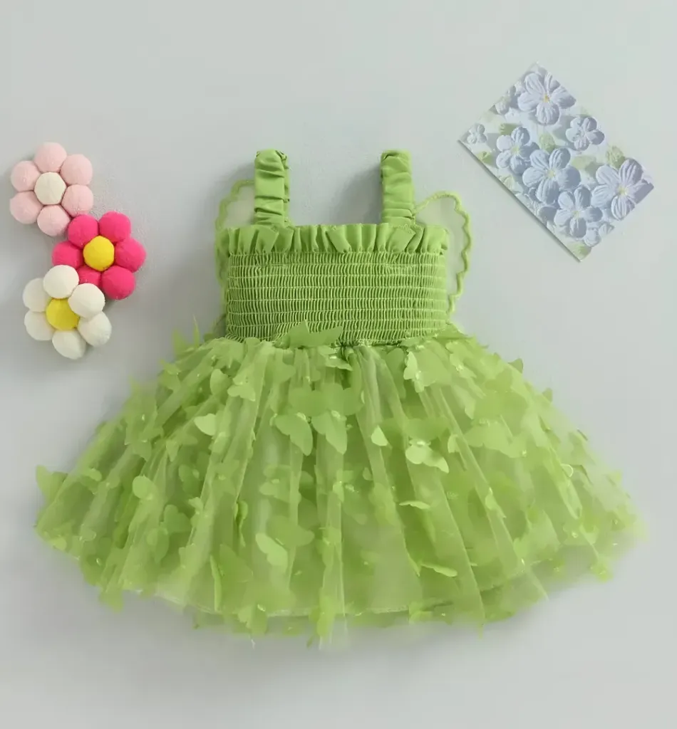 Girls Self Design Shoulder Strap & Butterfly Embellished Fit & Flare Dress(Green)