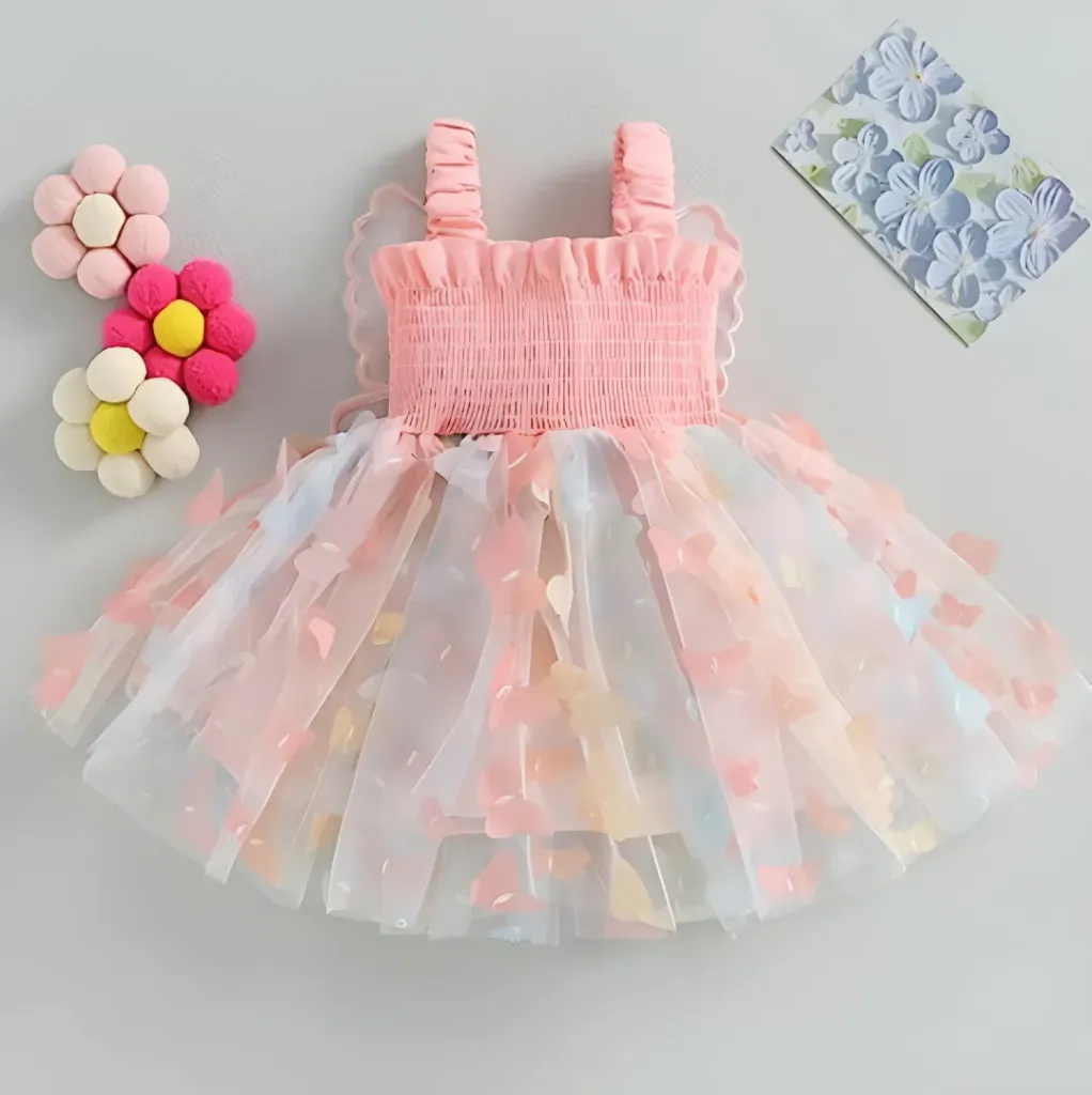 Girls Self Design Shoulder Strap & Butterfly Embellished Fit & Flare Dress (Peach)