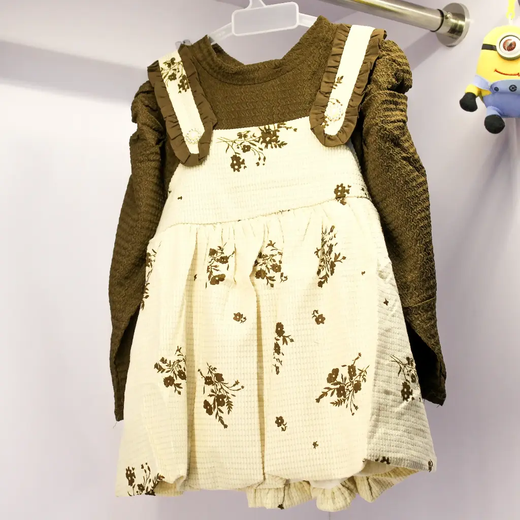 Girls Beige Brown Flower Pattern Dress (2Y-3Y)