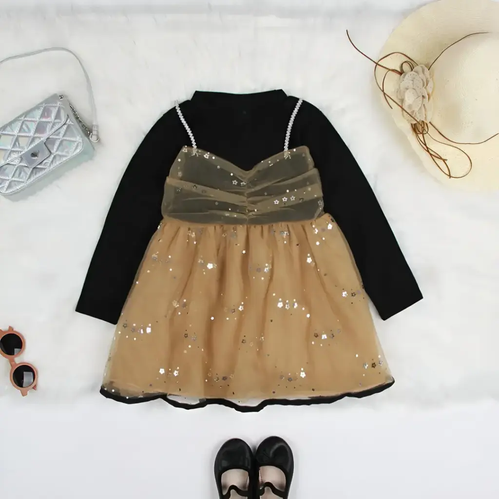 Girls Beige Black Party Wear Frill Dress