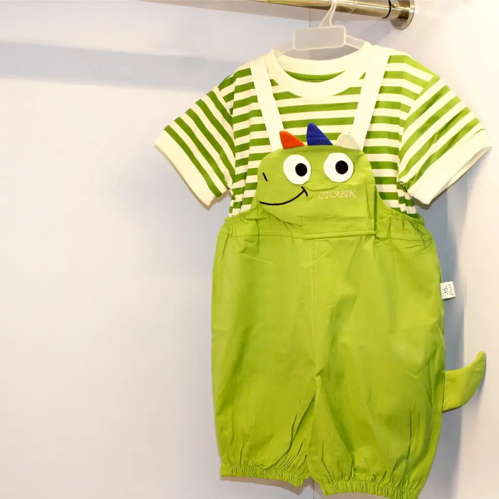 Boy's Green White Striped Tshirt Dungaree Set (3Y-4Y)