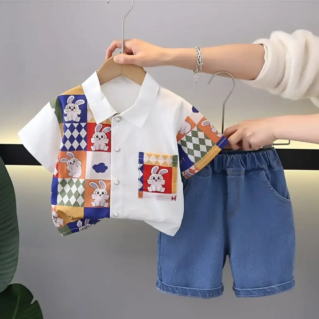 Boy's Multi-Color Designer Shirt With Denim Shorts