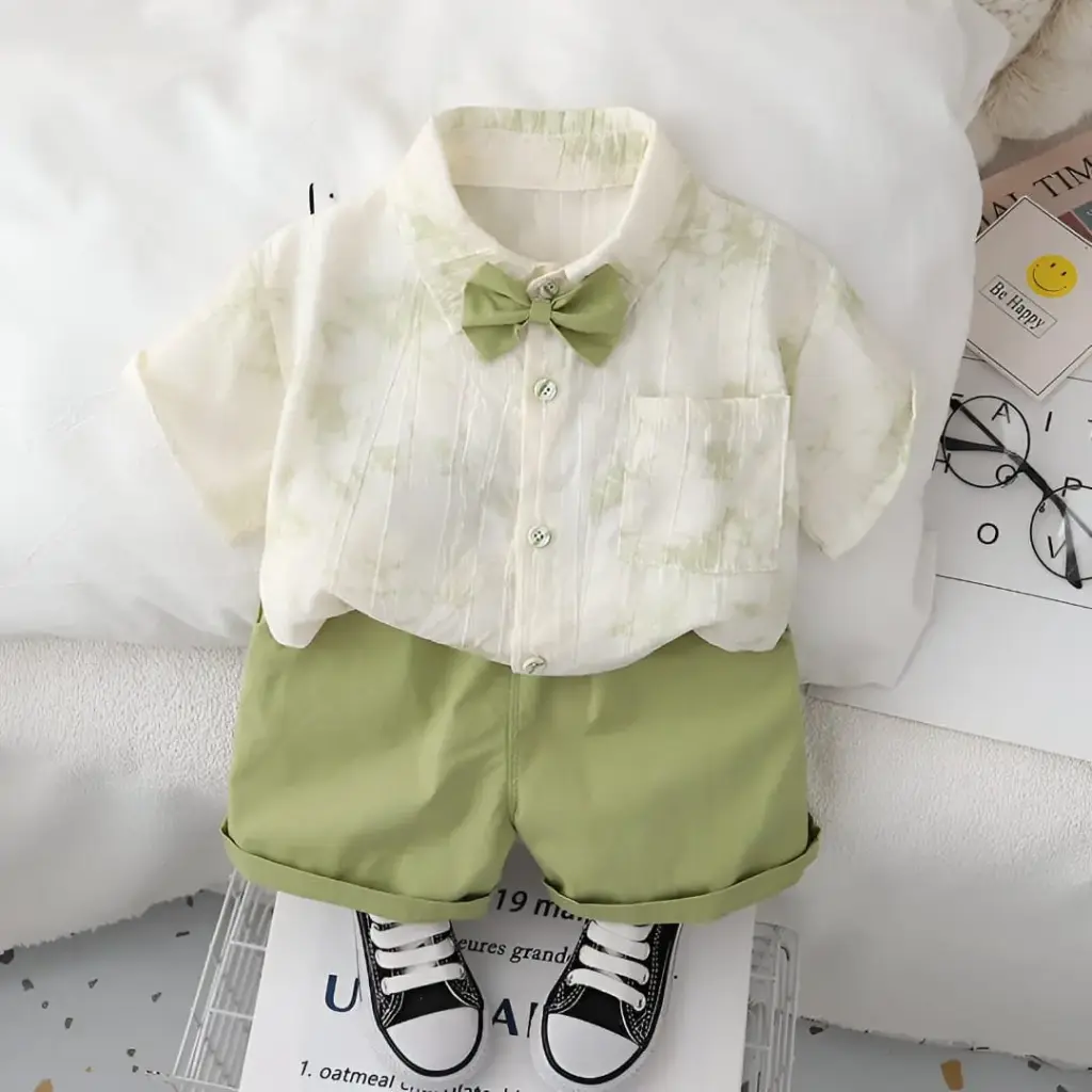 Boy's Green Floral Printed Shirt With Bow & Shorts