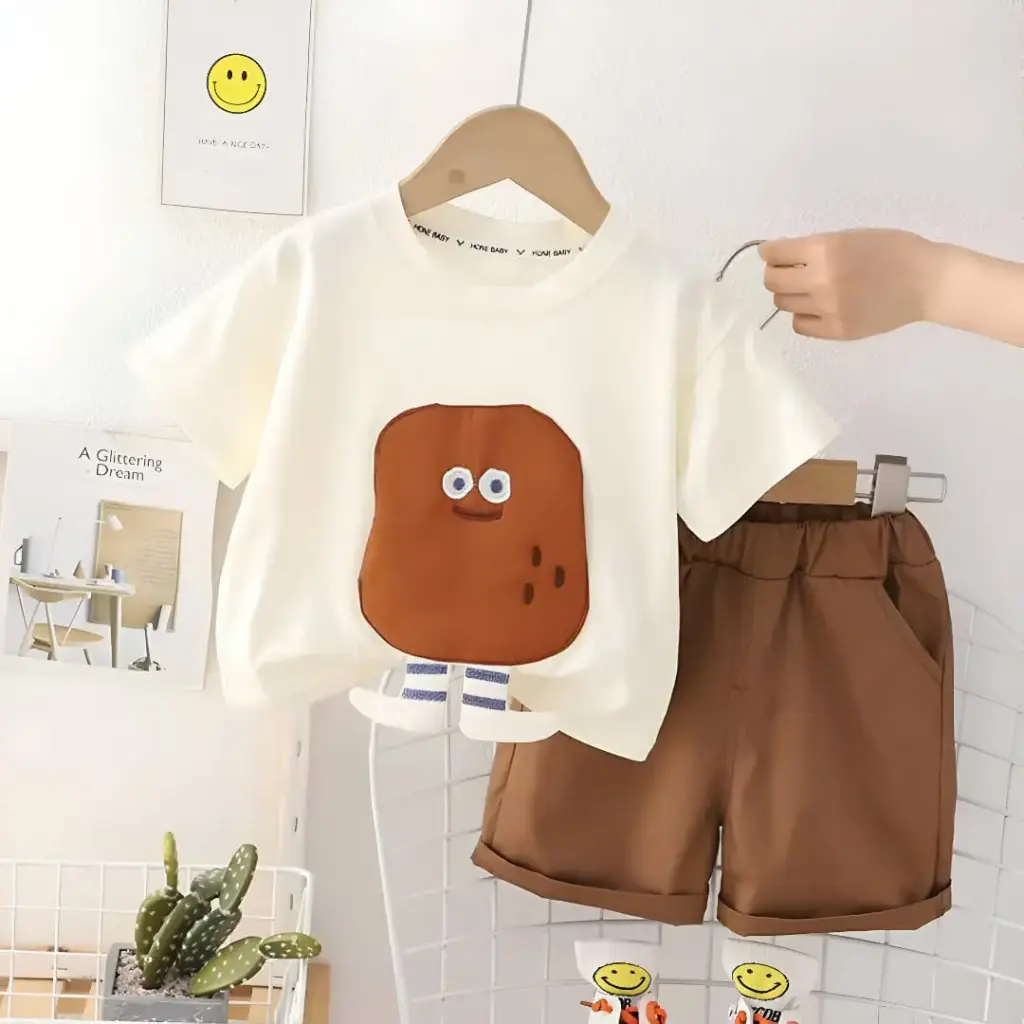 Boy's Off White Potato Graphic T-shirt With Shorts Set (2Y-3Y)