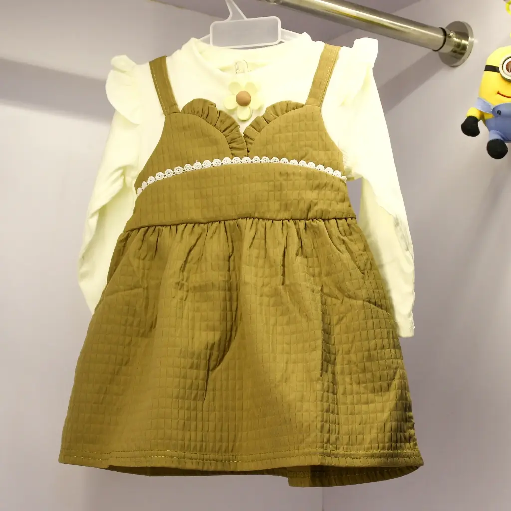 Girls Beige Brown Checkbox Design Dress