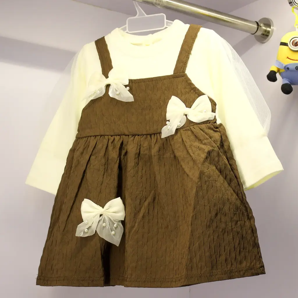 Girls Beige Brown Bow Design Dress