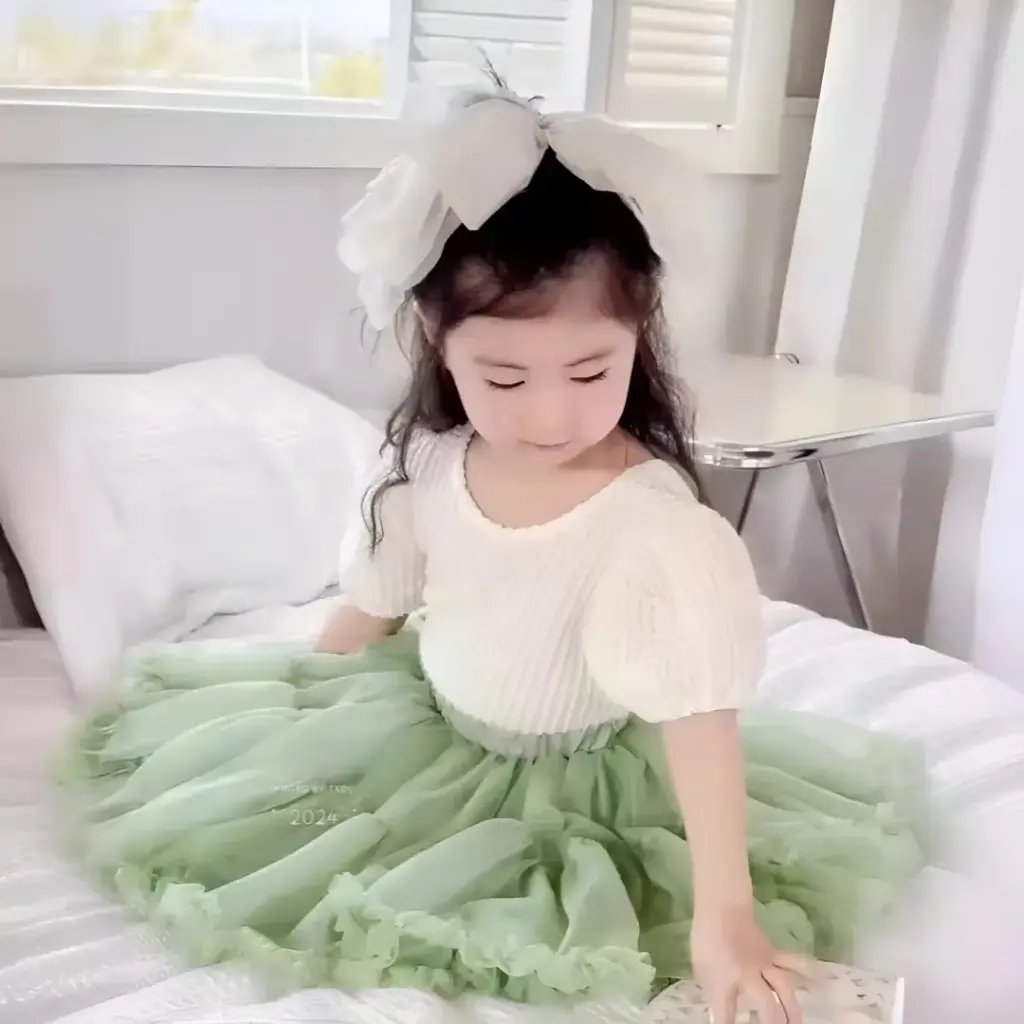 Girls White & Green Frill Frock