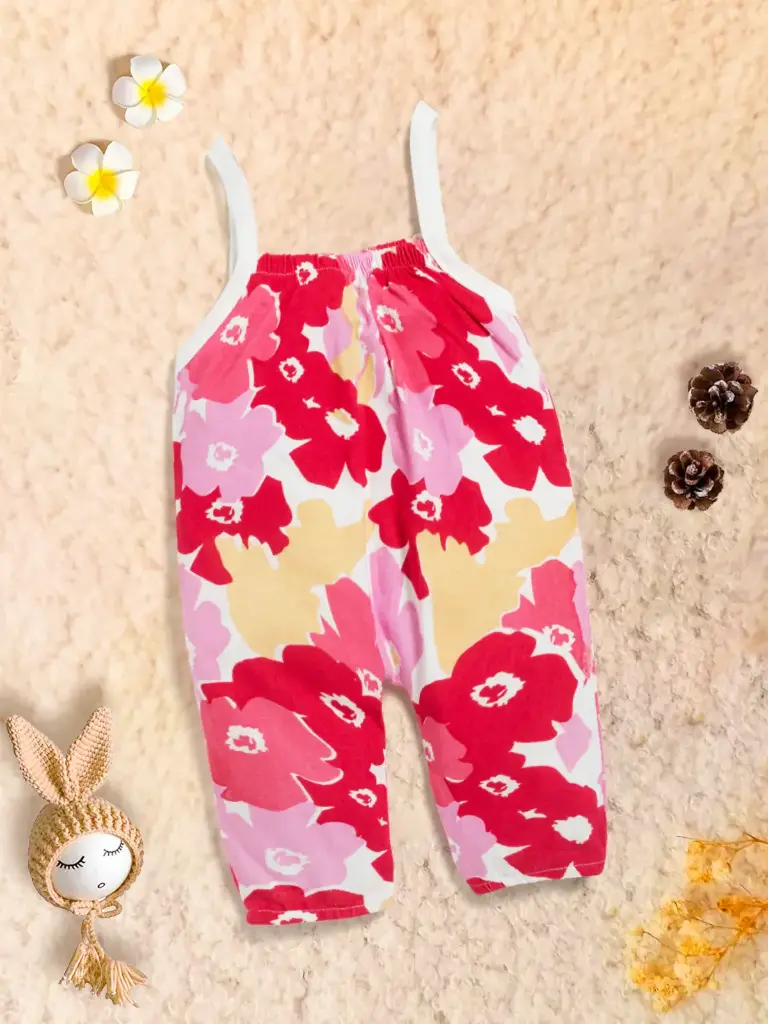 Baby Girl All Over Floral Print Cami Jumpsuit 100% Cotton Red (0M-6M)