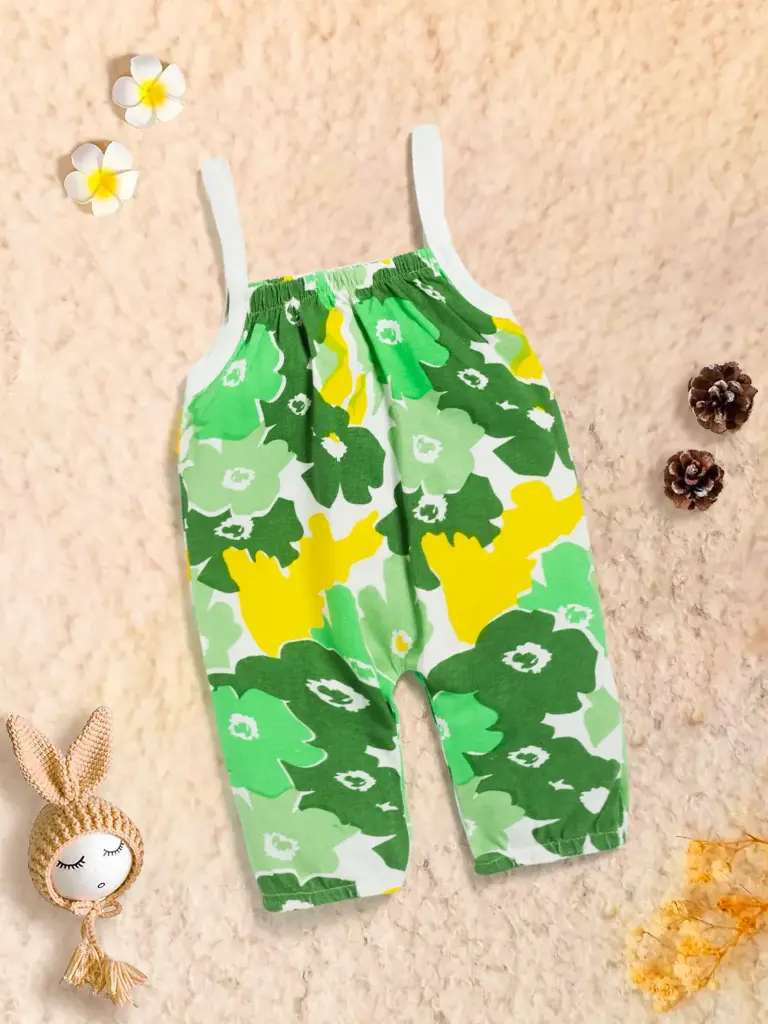 Baby Girl All Over Floral Print Cami Jumpsuit 100% Cotton Green (0M-6M)