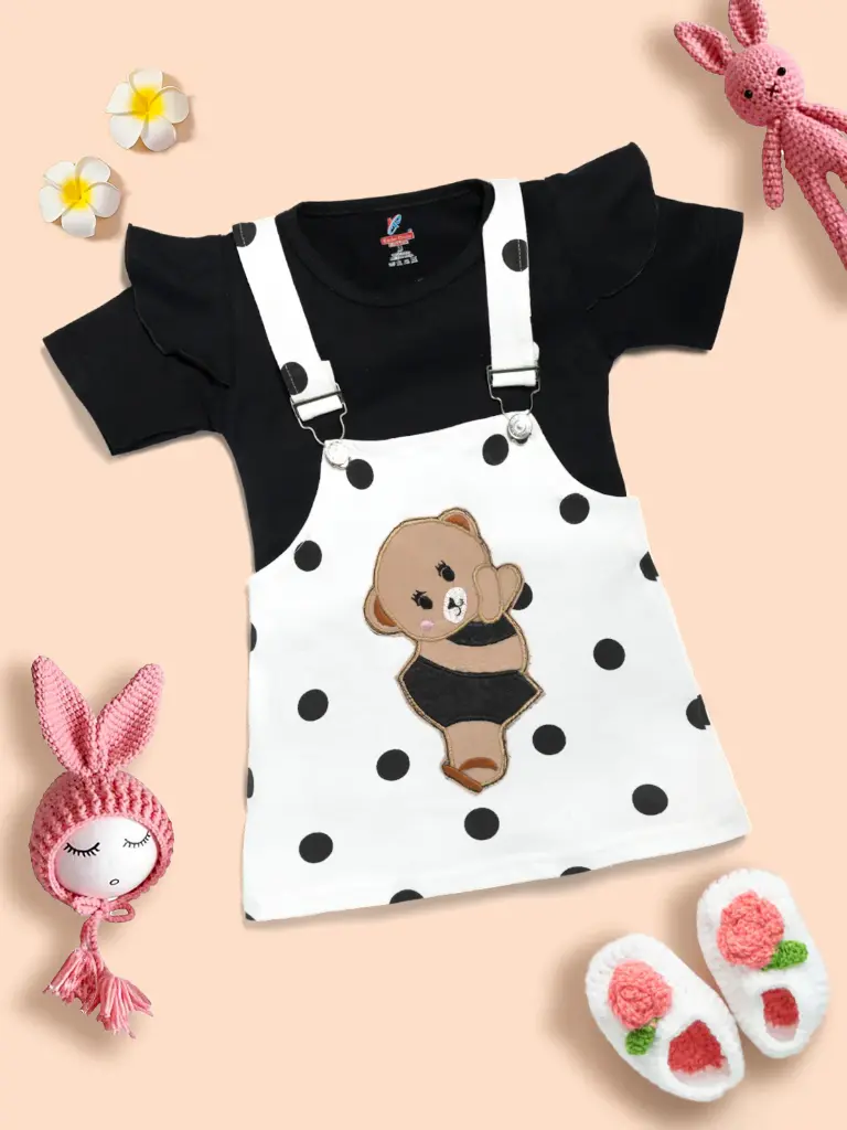 Baby Girl 100% Cotton Ruffle Trim Short-sleeve Romper and Bear Graphic Polka Dots Overall Dress Set Black (1Y-2Y)