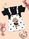 Baby Girl 100% Cotton Ruffle Trim Short-sleeve Romper and Bear Graphic Polka Dots Overall Dress Set Black