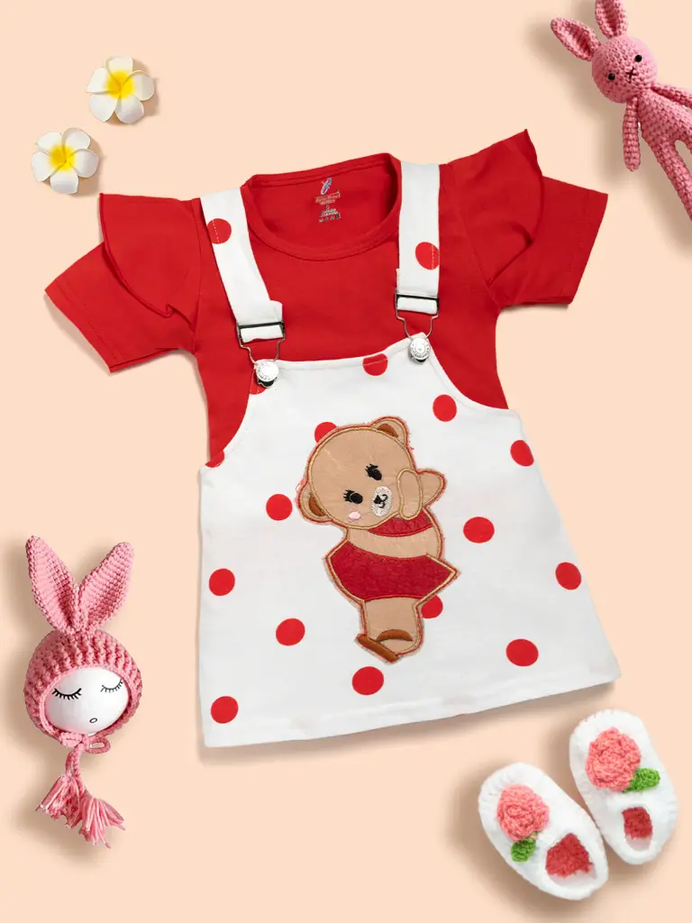 Baby Girl 100% Cotton Ruffle Trim Short-sleeve Romper and Bear Graphic Polka Dots Overall Dress Set Red