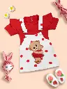 Baby Girl 100% Cotton Ruffle Trim Short-sleeve Romper and Bear Graphic Polka Dots Overall Dress Set Red
