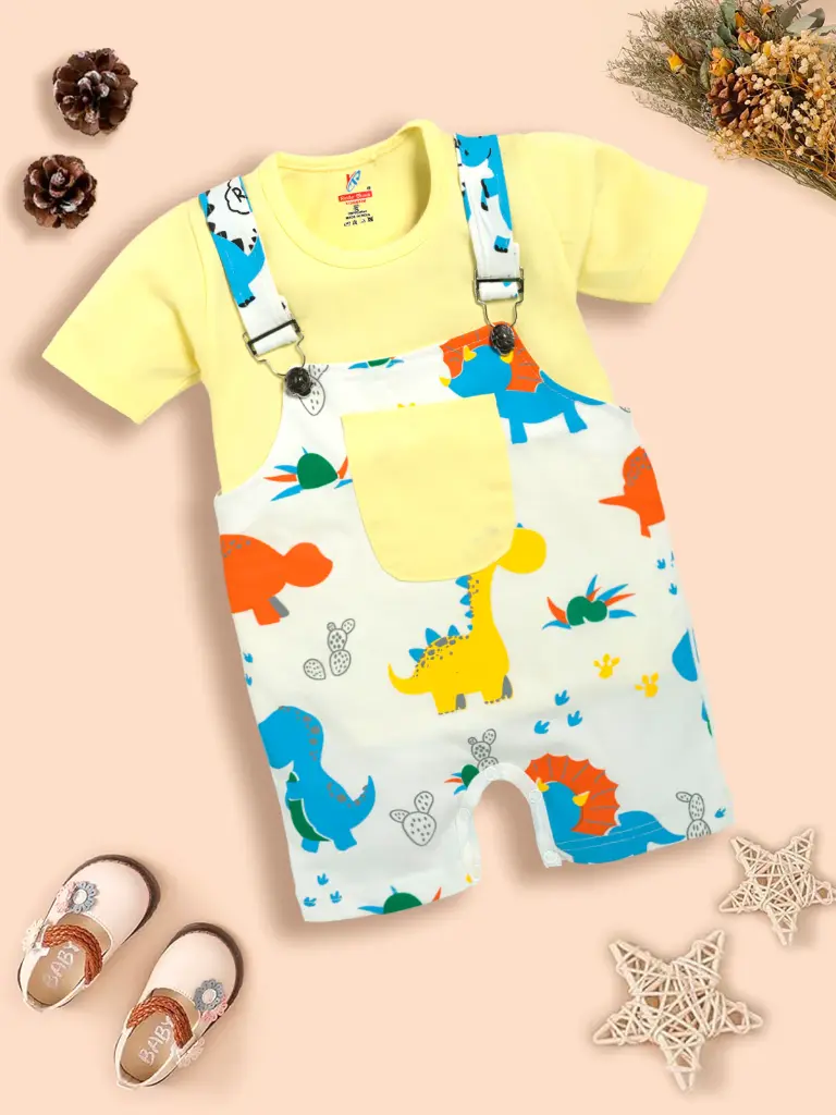Infant Conversational Printed Pure Cotton Dungaree With T-Shirt Yellow (1Y-2Y)