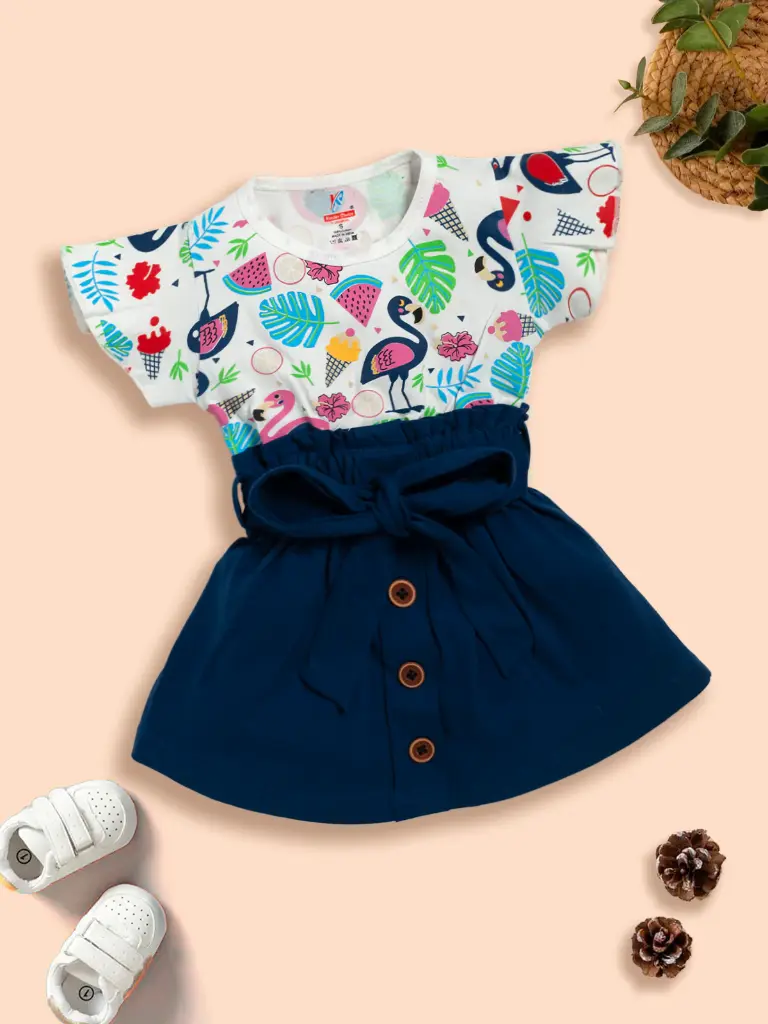 Kids Printed Fit & Flare Dress With T-Shirt Blue