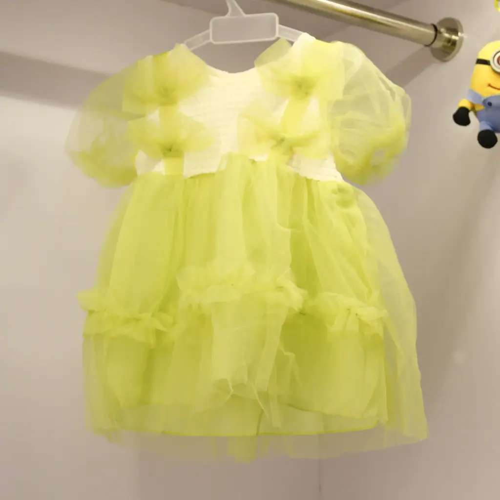 Girls Green Short Sleeves Fit & Flare Bow Design Dress
