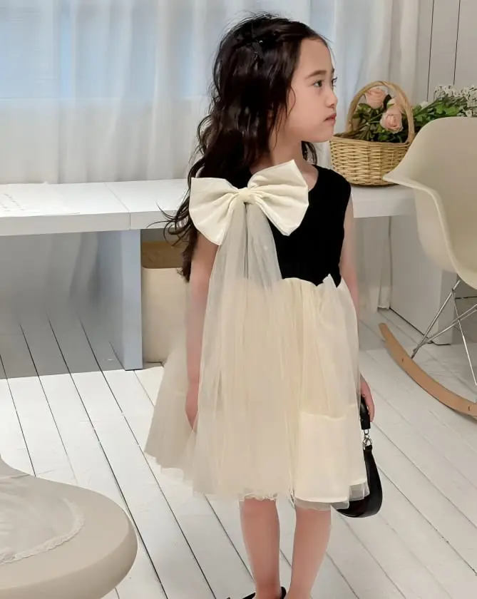 Girls White & Black Party Wear Frock with Detachable Bow