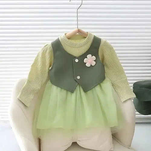 Girls Green Jacket Design Frill Dress