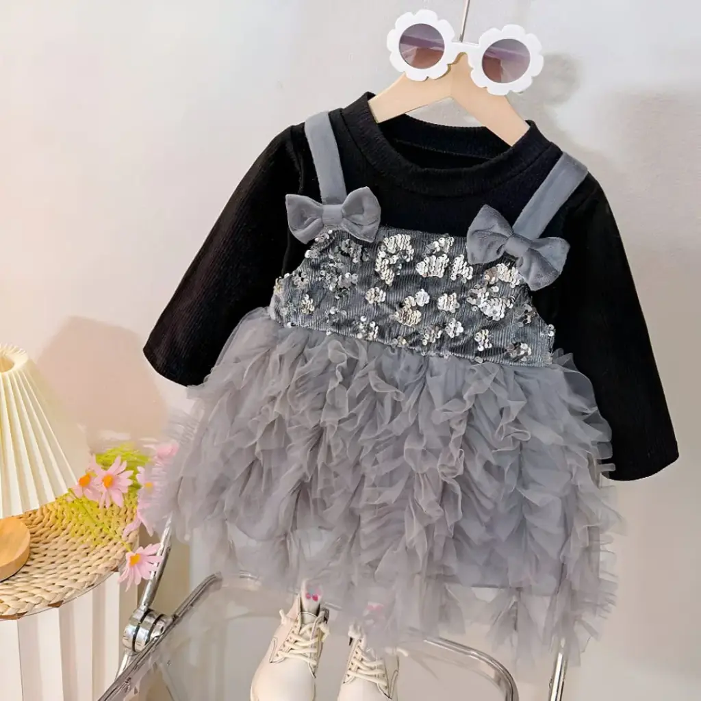 Girls Grey & Black Sequins Embellished Full Sleeves Party Wear Dress (6M-12M)