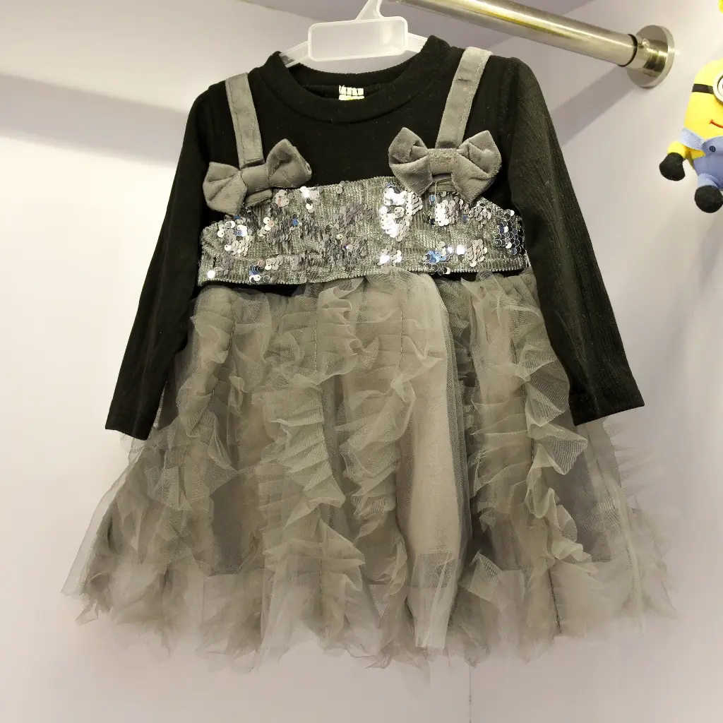 Girls Grey & Black Sequins Embellished Full Sleeves Party Wear Dress