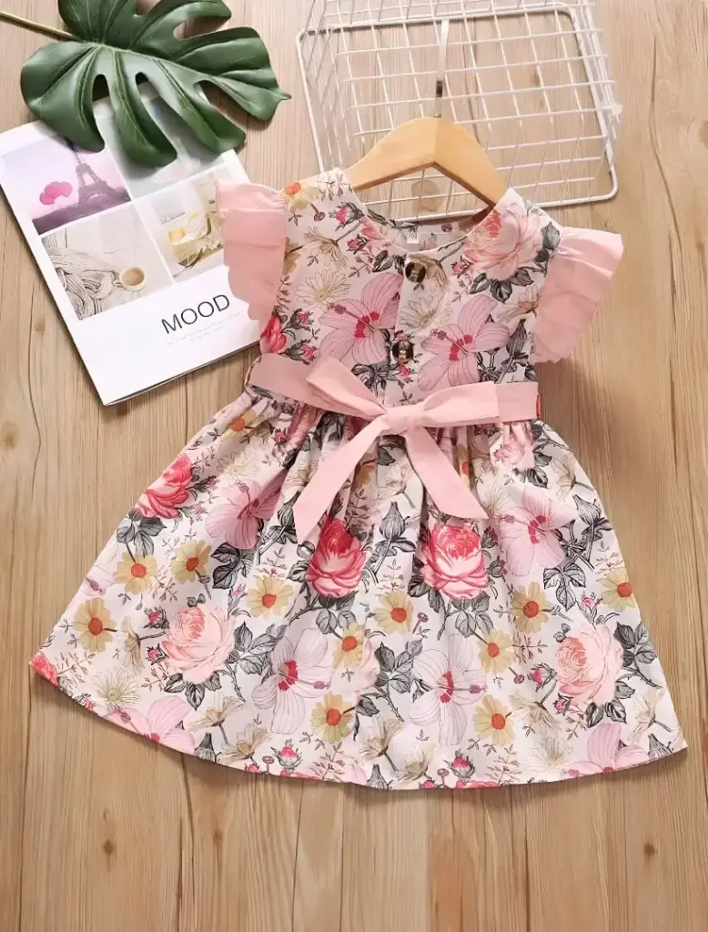 Peach Pink Floral Frock with Bow Belt (2Y-3Y)