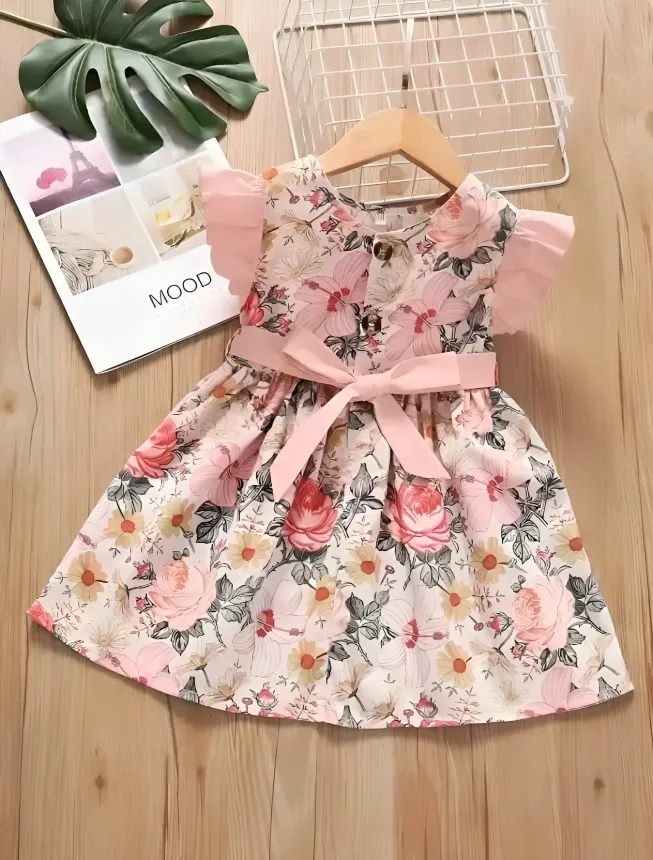 Peach Pink Floral Frock with Bow Belt (2Y-3Y)
