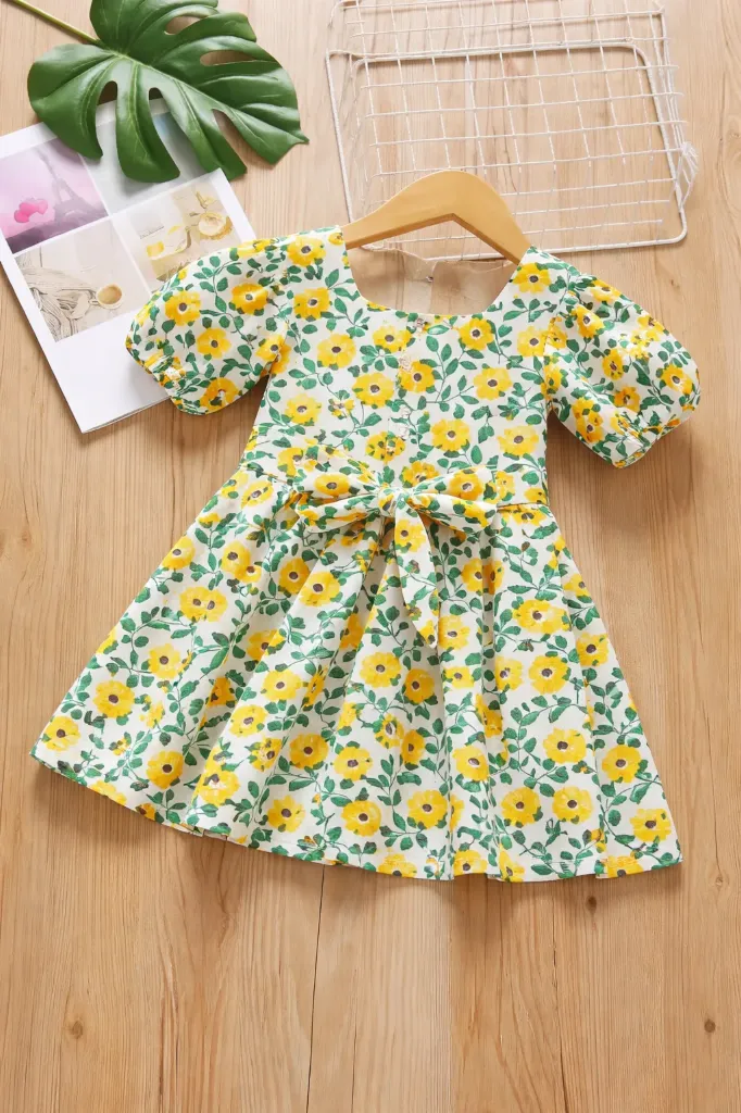 White Floral Frock with Yellow Flowers & Green Petals