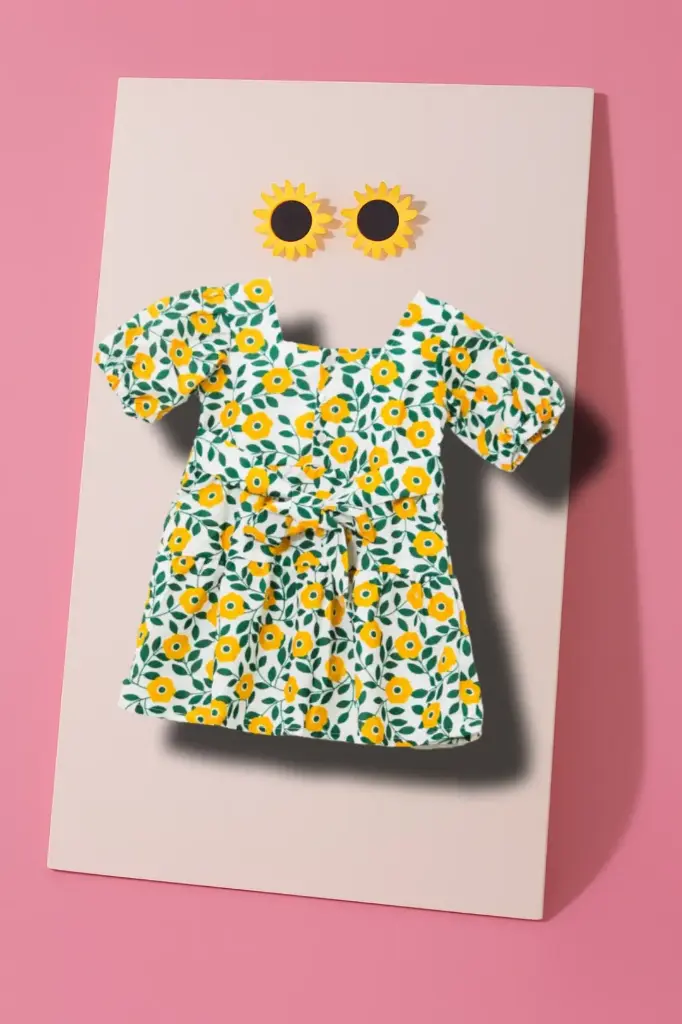 White Floral Frock with Yellow Flowers & Green Petals (2Y-3Y)