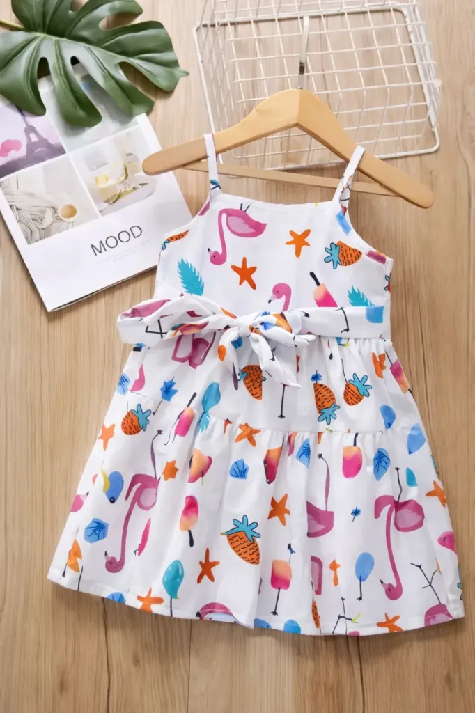 White Strap Dress with Colorful Cartoon Print (2Y-3Y)