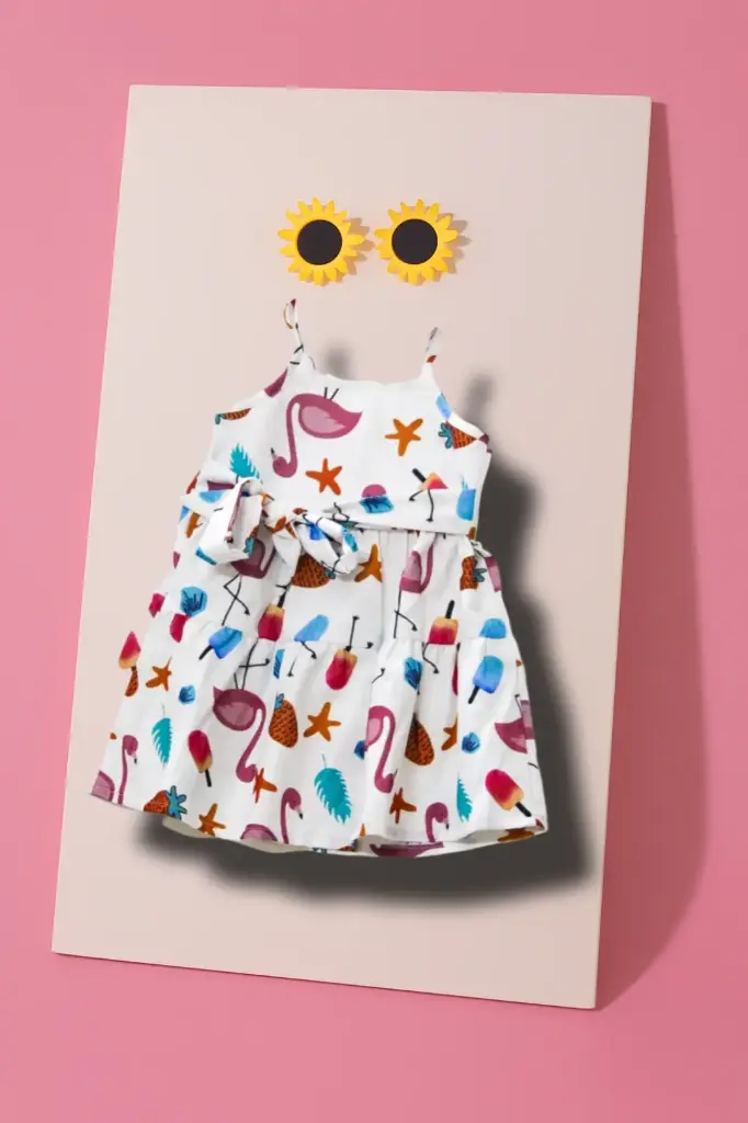 White Strap Dress with Colorful Cartoon Print (2Y-3Y)