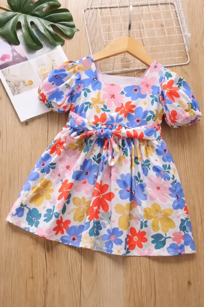 White Designer Frock with Belt – Subtle Blue Flowers