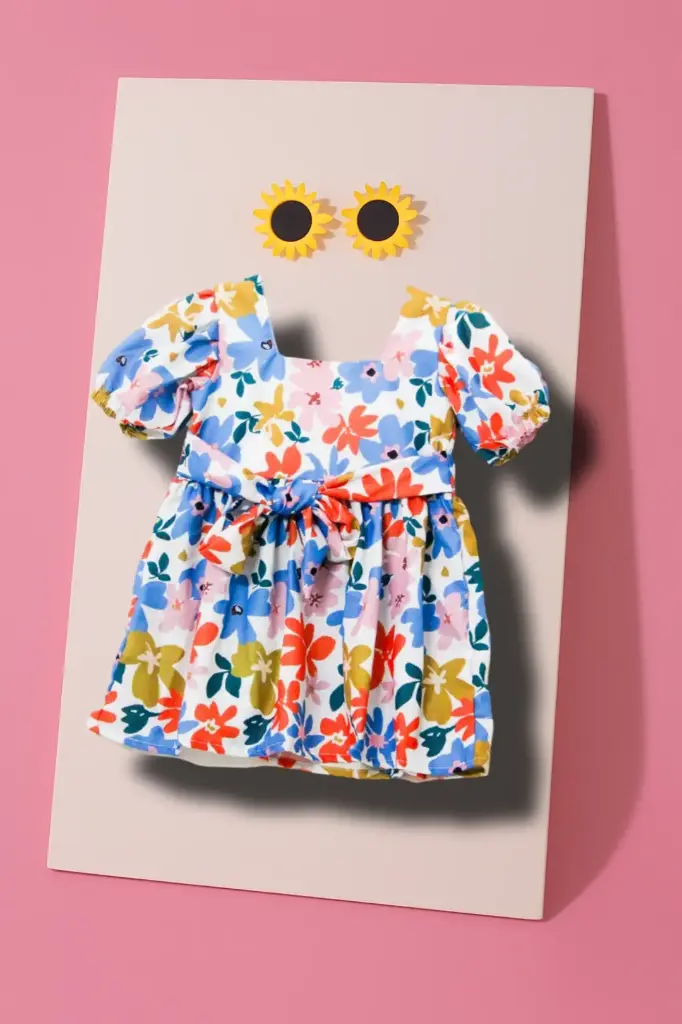 White Designer Frock with Belt – Subtle Blue Flowers