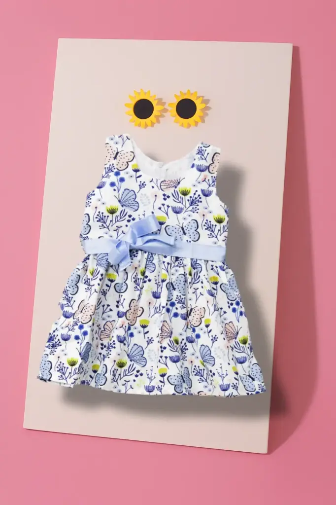 Elegant White Floral Frock – Ribbon Belt & Soft Color Flowers (2Y-3Y)