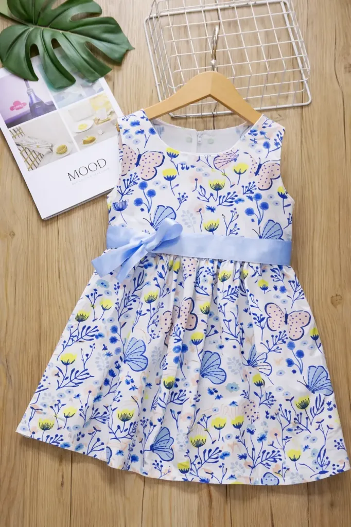 Elegant White Floral Frock – Ribbon Belt & Soft Color Flowers (3Y-4Y)