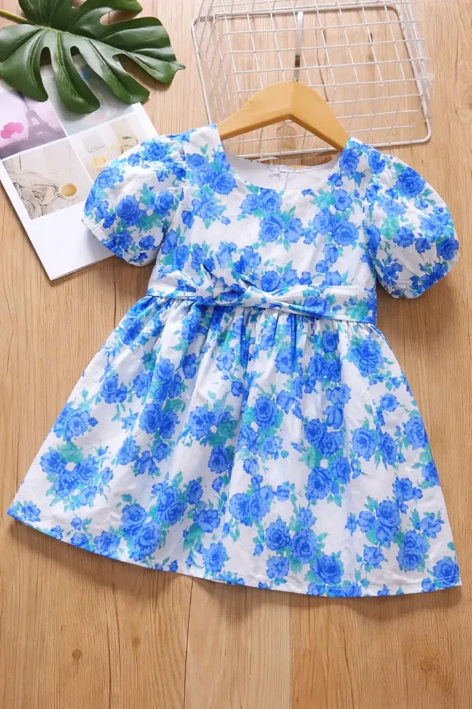 Chic White Frock – Blue Flowers & Cute Cap Sleeves