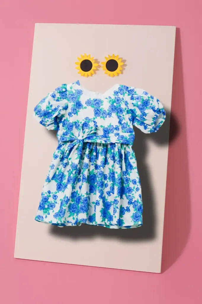 Chic White Frock – Blue Flowers & Cute Cap Sleeves (2Y-3Y)