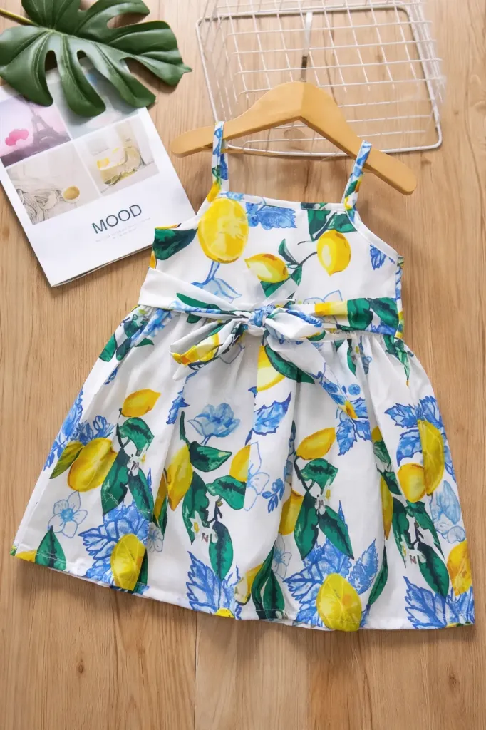 White Printed Strap Dress – Lemon & Leaf Pattern (2Y-3Y)