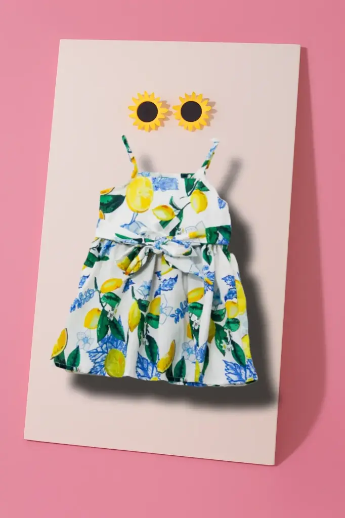 White Printed Strap Dress – Lemon & Leaf Pattern (2Y-3Y)