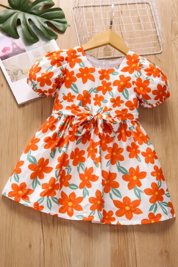 Bright Orange Floral White Frock (3Y-4Y)