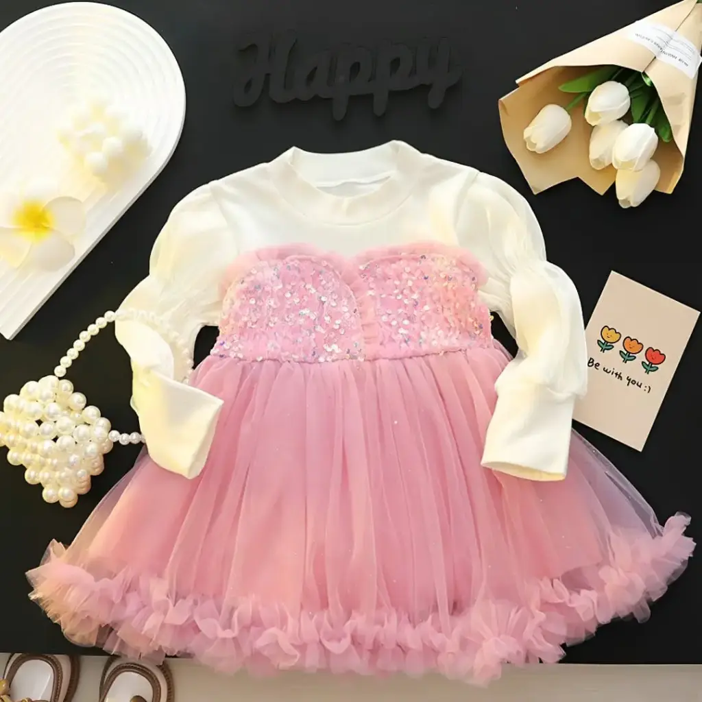Girls Pink Sequins Embellished Full Sleeves Party Wear Dress (2Y-3Y)