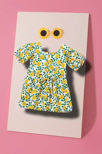 White Floral Frock with Yellow Flowers & Green Petals