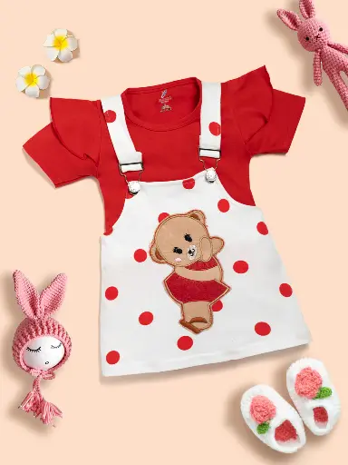 Baby Girl 100% Cotton Ruffle Trim Short-sleeve Romper and Bear Graphic Polka Dots Overall Dress Set Red